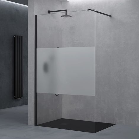 doporro Paroi de Douche à L'italienne Transparent avec Bande Opaque 120cm Pare-Douche Verre de Sécurité 8mm Bremen1MS 120x200cm Montage Réversible Profilé Noir Stabilisateur Rectangulaire