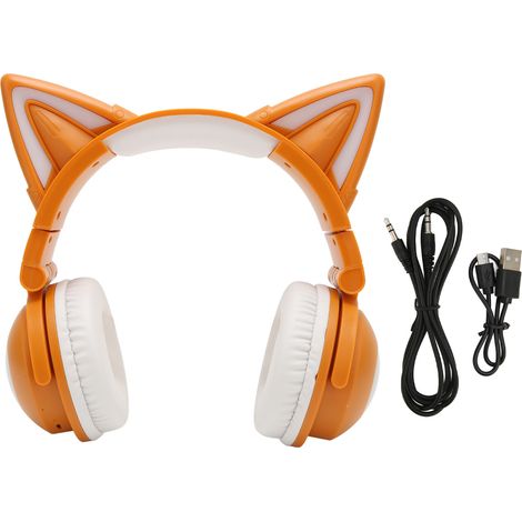 Casque Bluetooth Oreilles de Chat Stéréo Mignon Haute Sensibilité Micro Intégré Réglable LED Enfant avec Câble 3.5mm Jaune (1/5)