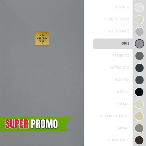 SOULBATH Plato de Ducha - Resina - Gel Coat - Textura Liso/Piedra - Antideslizante - Color Gris - 60X60- Extraplano 3cm. Incluye Válvula desagüe y Rejilla - REJILLA DORADA (1/5)