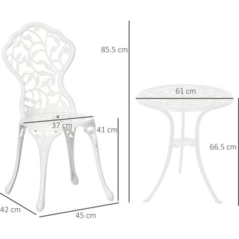 Ensemble de jardin en aluminium blanc (ensemble de 3 pièces) : 2 chaises d'extérieur (45 x 42 x 85,5 cm), table ronde (diamètre 61 x 66,5 cm) (1/5)