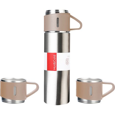 Botella termo aislada de acero inoxidable de 500 ml con 3 vasos incluidos, a prueba de fugas para café frío y caliente, ideal para viajes, camping y deportes. (1/5)