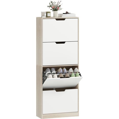Scarpiera Salvaspazio Slim a 4 Cassetti per 20 Paia di Scarpe 62.5x26x156 cm, color Legno e Bianco