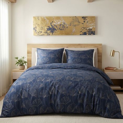 Parure housse de couette 240x220cm + 2 taies motif feuillage ginko bleu et beige 100% microfibre - VALFOR (1/4)
