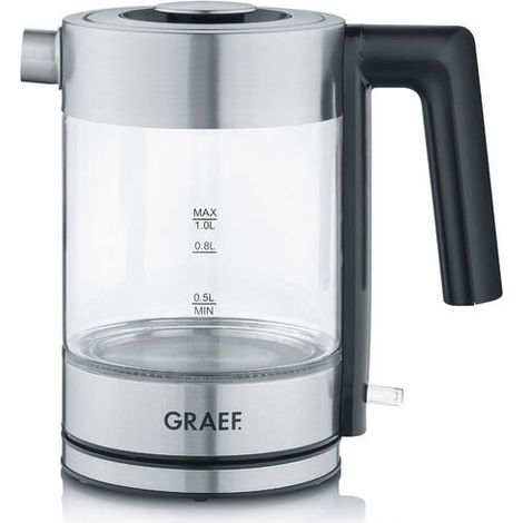 Hervidor de vidrio GRAEF WK300 - hervidor de 1 litro, vidrio SCHOTT DURAN, acero inoxidable, LED, marca de nivel de llenado, base de 360°, filtro antical, potente 2200 vatios (1/4)