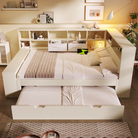 Lit enfant 140x200 cm avec lit gigogne et tiroirs rangement 8 compartiments Lit simple avec USB-Type C Bois Blanc (1/5)