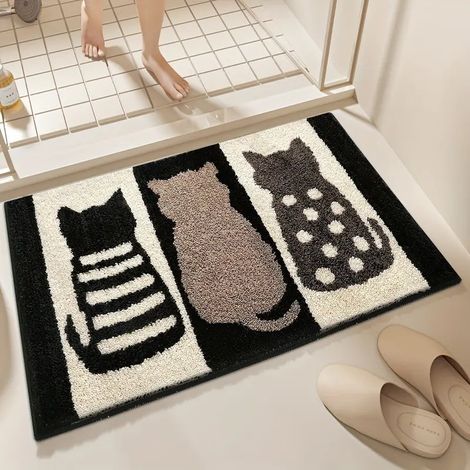 Tapis de bain antidérapant pour salle de bains – Tapis d’entrée lavable et résistant à la saleté – Tapis en fausse fourrure doux et moelleux (60 x 90 cm, motif 3 chats)-lsw