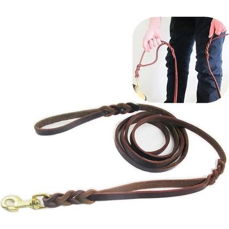 HOXILEELEOLaisse pour chien en cuir véritable double poignée 1,8 m, laisse de dressage robuste pour chiens moyens et grands (1/4)