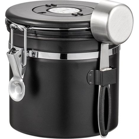 Boîte de rangement pour café - Boîte à café en grains - Réservoir de stockage pour café en grains - 1200 ml - Acier inoxydable - Noir (1/5)
