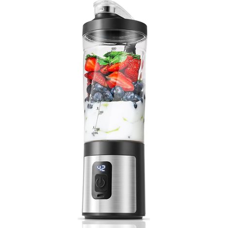 Mixeur portable 600 ml – Machine à smoothie avec 6 lames, moteur 120 W, charge rapide via USB-C, étanche IPX6, sans BPA, mini mixeur pour shakes, smoothies, poudre de protéines (1/5)