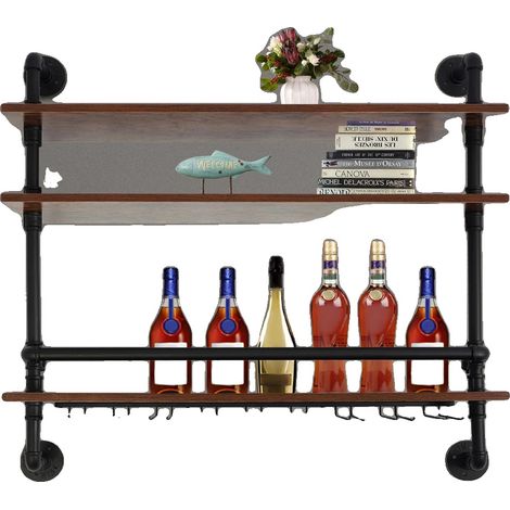 Portabottiglie a tre ripiani da parete, in legno e ferro, dimensioni 92x20x89 cm, peso lordo 9 kg, stile industriale. (1/5)