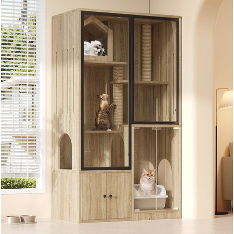 Casa para gatos 90x50x160 cm en MDF y vidrio natural, con almacenamiento para salón FLORAGRACE (1/5)