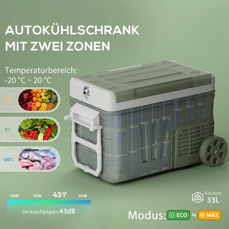 Glacière électrique 33 L pour camping, frigo de voyage portable 12V avec 2 compartiments et roues, en plastique vert (1/4)