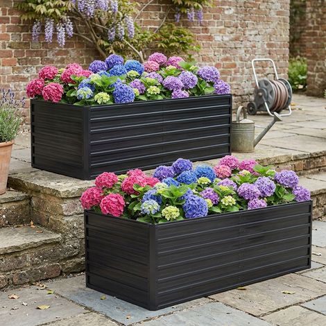 Metall-Hochbeet 190x90x64 cm schwarz aus Metall mit offener Basis und werkzeugloser Montage (1/4)