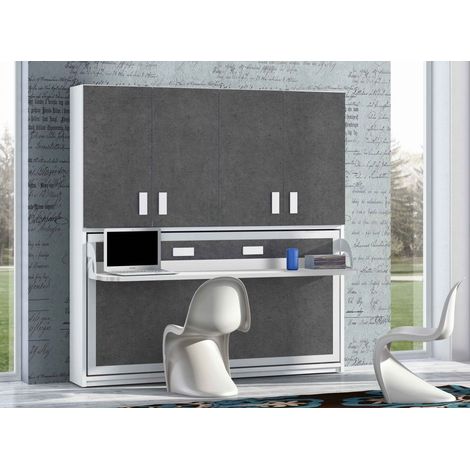 Lit escamotable 90x190 P 53cm gris béton avec étagères et bureau Miko (1/5)