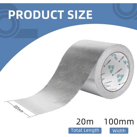 Ruban aluminium auto-adhésif renforcé de fibre de verre 100mm x 20m, imperméable et résistant à la chaleur, Ruban en aluminium résistant à l'eau et à la chaleur pour sceller, réparer et isoler (1/4)