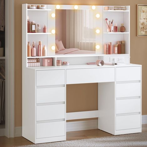 Coiffeuse avec Miroir LED, Multiprise, 9 Tiroirs, 9 Ampoules, Rangement Bijoux, Éclairage 3 Couleurs, Installation des Rails sans Outils, Blanc Nuage (1/5)