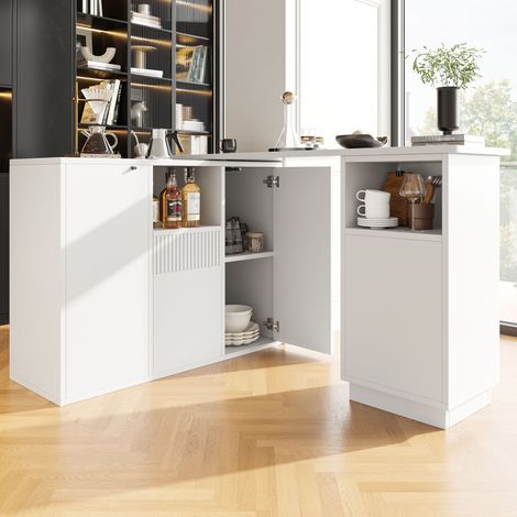 Meuble bar avec table rotative 360°, îlot de cuisine multifonction, plateau effet marbre, 210x30x100,9 cm, MDF blanc
