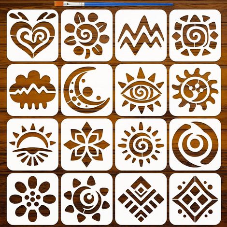 16 Pochoirs de Peinture à Motif Bohème Avec Un Pinceau 15x15cm Pochoir Soleil Bohème Cœur Modèles Dessin à Motif Lune Œil pour Peinture sur Bois Mur Projets DIY Artistique Intérieure (1/5)