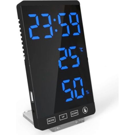 Horloge à miroir LED thermomètre et hygromètre réveil météo électronique en noir et bleu (1/5)