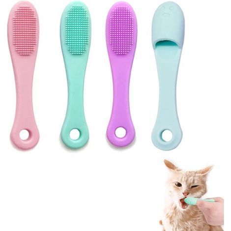 Set di 4 spazzolini da denti per cani, spazzolini da dito per animali domestici - Realizzati in silicone - Morbidi e comodi - Per cani e gatti di piccola taglia - Manico lungo e curvo (1/4)