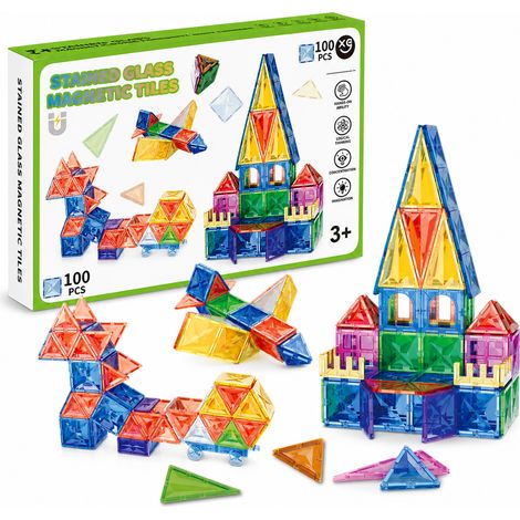 Jeu de construction magnétique enfant XC-H3, 100 pièces, tuiles transparentes colorées, dès 3 ans, formes carrées et triangulaires (1/5)