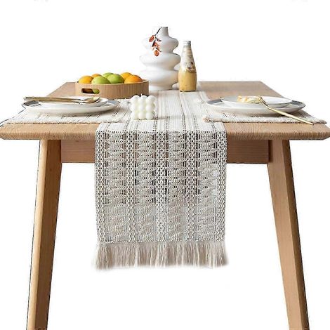 Chemin de table bohème rustique en lin (1 pièce), 30 x 180 cm, à rayures tressées et pompons, idéal pour un mariage ou un dîner bohème (ajouré). (1/5)