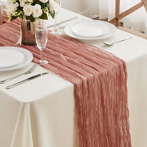 Chemin de table romantique, 90 x 300 cm, en tulle rustique, idéal pour les mariages, les arches, les soirées à thème et les anniversaires, rouge clair. (1/5)