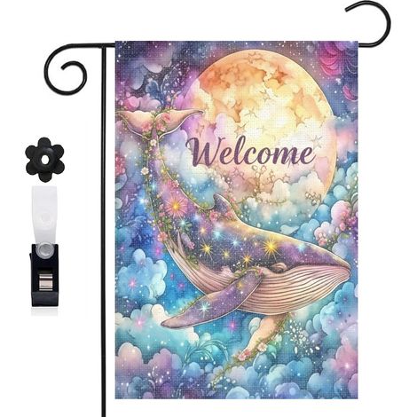 Drapeau de jardin bienvenue 30 x 45 cm motif baleine colorée et mer toile double face durable (1/5)
