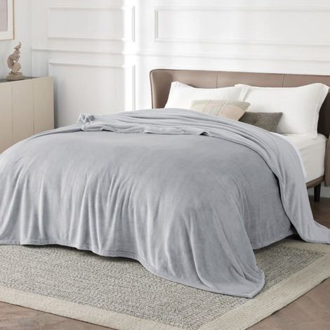 Plaid - - Couverture en flanelle unie - Gris clair - 240x220cm (1/5)
