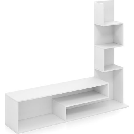 Meuble TV cube blanc pour écran jusqu'à 50 pouces avec étagères de rangement et kit anti-basculement, pour salon et chambre (1/5)