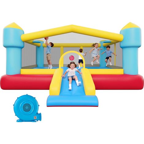 Château Gonflable, Aire de Jeux Gonflable Enfant avec Souffleur, Toboggan, Jeu de Cible, Zone de Saut, Panier de Basket, pour 3 à 4 Enfants de 3 à 8 Ans, Extérieur et Intérieur, 448x420x207 cm (1/5)