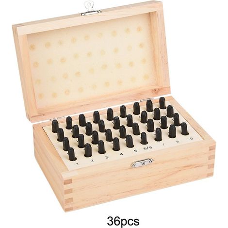 Jeu de 36 poinçons acier 4mm chiffres et lettres alphabet, coffret bois rangement (1/5)