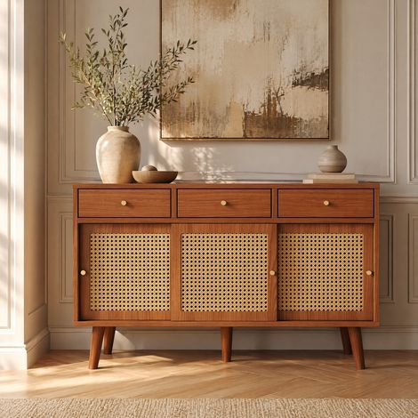 Credenza 120 x 40 x 78 cm, 3 cassetti, 3 ante scorrevoli color noce HAVRYA (1/5)