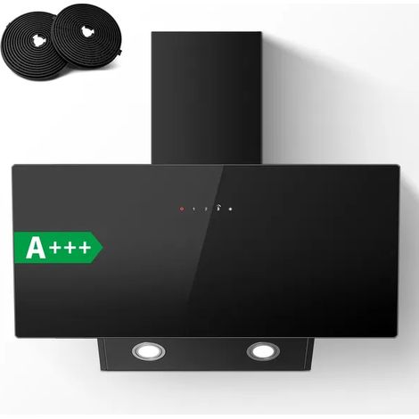 Hotte Aspirante 90 cm Murale Inclinée Verre Noir A+++ Recyclage et Évacuation 450 m³/h Tactile LED (1/5)