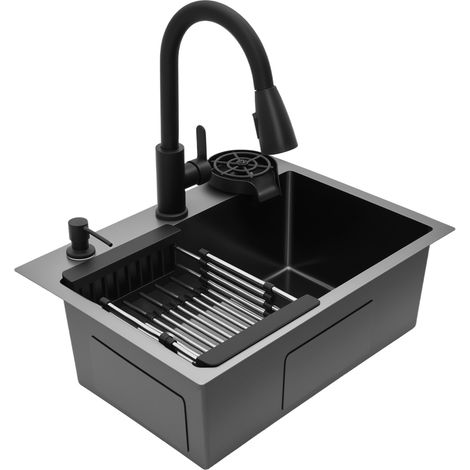 Évier de cuisine 55 x 40 cm, évier simple en acier inoxydable, plan de travail multifonctionnel à encastrer, avec robinet à ressort rabattable, lave-tasses et distributeur de savon, noir (1/5)