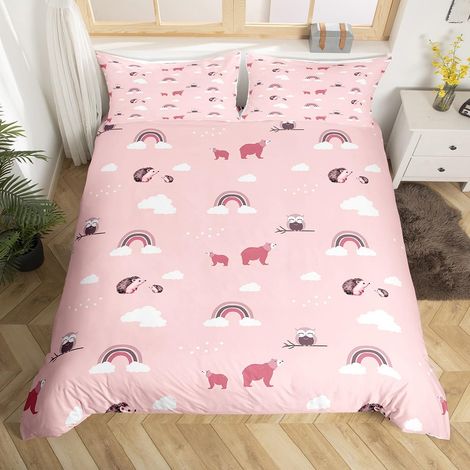 Parure de lit avec housse de couette 135 x 200 cm, motif chouette, motif Kawaii, motif animal sauvage, arc-en-ciel, nuage, oiseau, pour enfant, fille et garçon, rose (1/5)