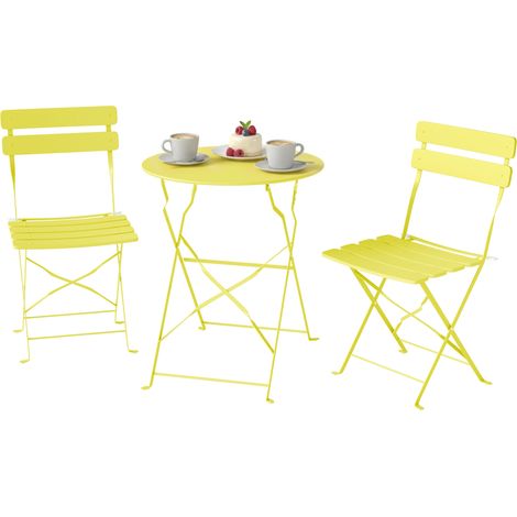3-teiliges Garten-Set: Tisch und 2 klappbare Lattenstühle, rostfrei, gelb