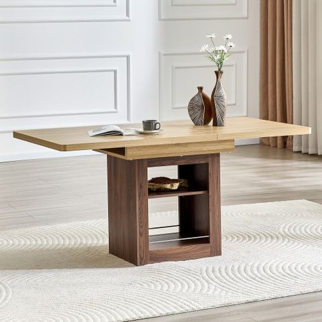 Tavolo da pranzo allungabile effetto legno con vano contenitore, disponibile in due misure 130 cm/160 cm, struttura in MDF color noce con vani a scomparsa, ideale per piccoli appartamenti e per 4-8 pe