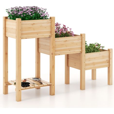 Bac de Jardin Surélevé en Bois de Sapin Naturel à 3 Niveaux, Bac à Planter Séparé avec Étagère de Rangement Ouverte, Système de Drainage, Ergonomique pour Fleurs, Légumes et Aromates (1/5)