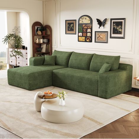 Canapé d'angle 241x151x84 cm en velours côtelé vert, sans montage pour salon FloraGrace (1/5)