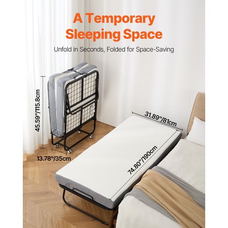 Lit d'Appoint Pliant 79 x 190 cm, Taille Jumeau, avec Cadre en Métal Robuste et Matelas en Mousse à Mémoire de Forme de 10 cm d’Épa… (1/5)