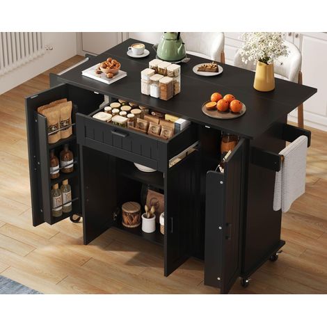 Modernluxe - Îlot central de cuisine mobile à plateau extensible, porte-serviettes, 1 tiroir et 4 portes, MDF - noir (1/4)