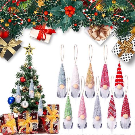 Ensemble de 10 gnomes à suspendre au sapin de Noël, décorations suédoises artisanales en peluche représentant le Père Noël et un lutin. (1/4)