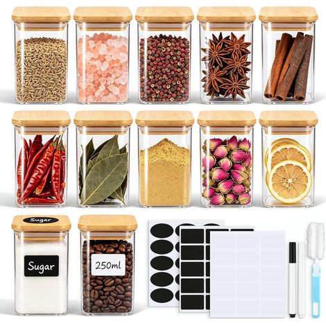 Lot de 12 bocaux à épices avec couvercles en bambou, contenants carrés en verre de 227g pour assaisonnement avec 45 étiquettes et marqueurs DIY, bocaux en verre hermétiques pour l'organisation et le (1/5)