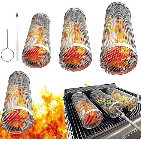 Juego de cestas rodantes para barbacoa, cesta de acero inoxidable para barbacoa, accesorios para barbacoa al aire libre, cesta de cocina para barbacoa, camping y picnics. (1/5)