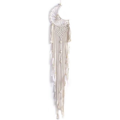 1 Attrape-rêves macramé, lune en fer, fil coton, perles bois, plumes, décoration murale chambre (1/5)