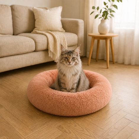 belviona Donut Katzenbett, weiches Katzenkörbchen mit flauschigem Plüsch, rutschfest & gemütlich, 70 cm Durchmesser, altrosa (1/4)