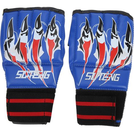 Paire de gants de combat, anti-transpiration, avec demi-doigt, avec bande élastique élevée, pour compétition de combat avec sac de boxe (bleu) (1/5)