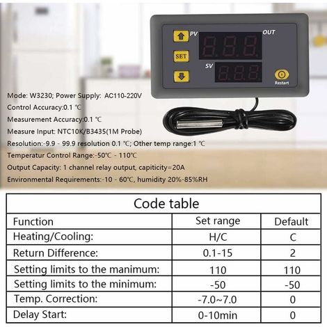 1 Pièce W3230 AC 110V-220V Régulateur de température numérique, Interrupteur de Commande de Thermostat à Affichage numérique 20A avec sonde de capteurs NTC 10K (1/4)
