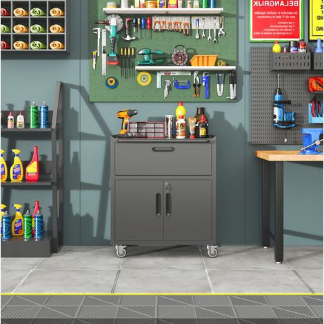 Armoire à outils métallique sur roulettes 75x42x88 cm noir, avec rangement pour garage FloraGrace (1/5)